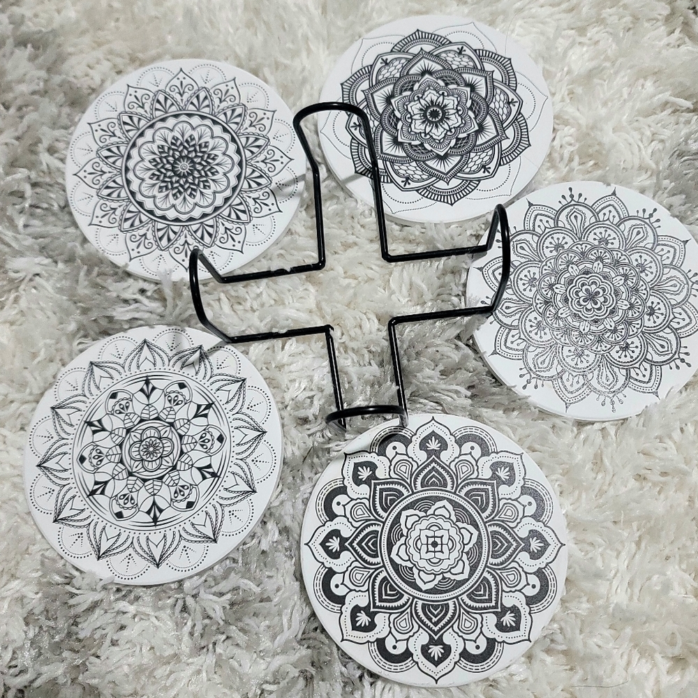 Flower Mandala Ceramic Drink Coasters with Metal Caddy (5 Coasters)
